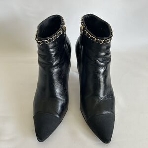 Chanel Black Leather Chain Detail Ankle Boots Cap Toe High Heel Size 38.5
